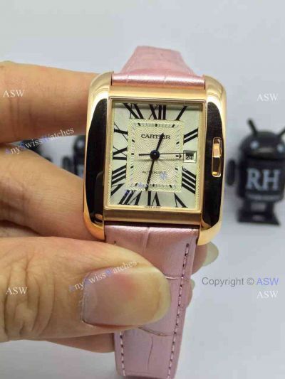 Swiss Replica Cartier Tank Ladies Watch Gold Case Pink Leather